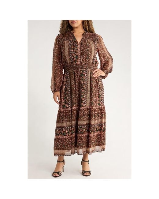 Gibsonlook Brown The Leyla Print Smocked Long Sleeve Maxi Dress