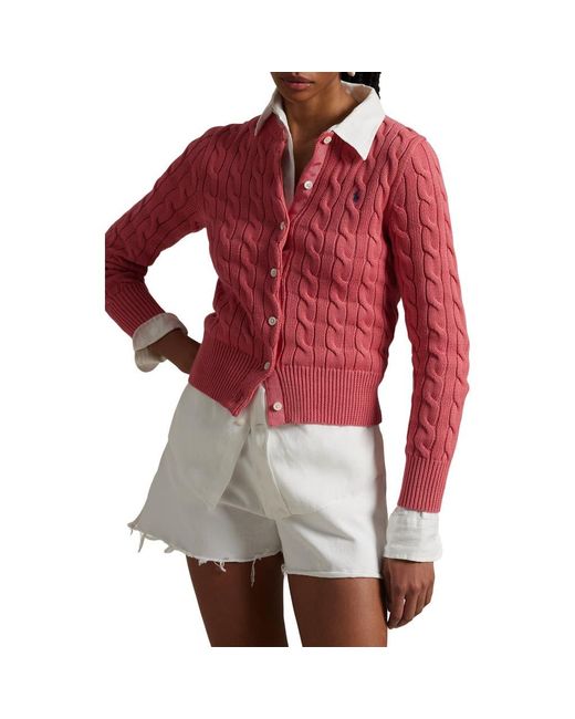 Polo Ralph Lauren Red Cable Knit Cotton Crewneck Cardigan
