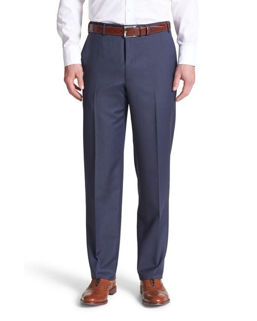 Canali Blue Flat Front Solid Wool Trousers for men