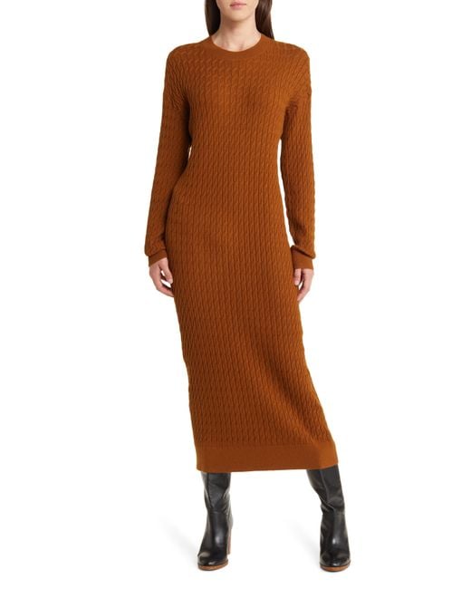 Treasure & Bond Brown Cable Stitch Long Sleeve Midi Sweater Dress