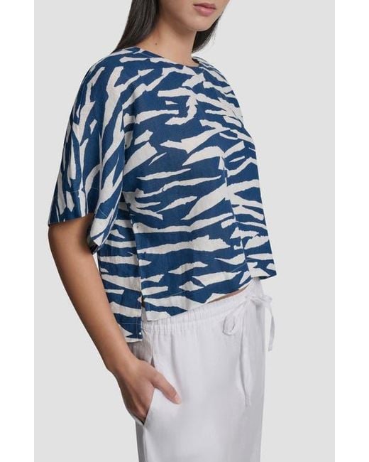 DKNY Blue Pattern Boxy Linen Top