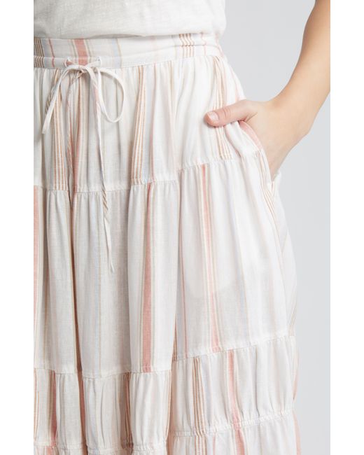 Caslon White Caslon(r) Stripe Tiered Linen Blend Midi Skirt