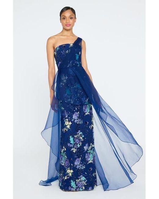 THEIA Noemi Column Gown With Overlay in Blue | Lyst