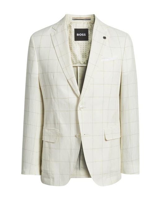 Boss White Hutson Slim Fit Windowpane Check Linen Blend Sport Coat for men