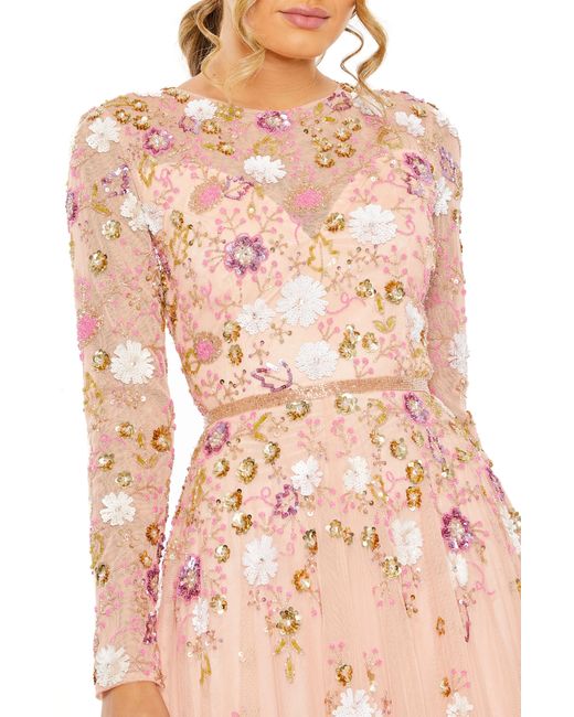Mac Duggal Pink Sequin Floral Long Sleeve Mesh Dress