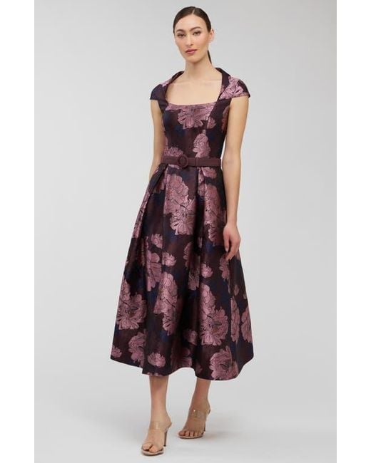 Kay Unger Red Kinsley Metallic Floral Jacquard Cocktail Dress
