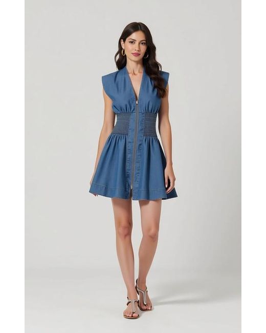 Modenaire Blue Denim Mini Dress With Cap Sleeves Smocked Waist And Front Zip Closure
