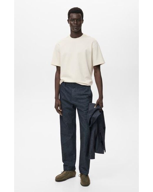 Mango Blue Straight Fit Flat Front Cotton & Linen Twill Pants for men
