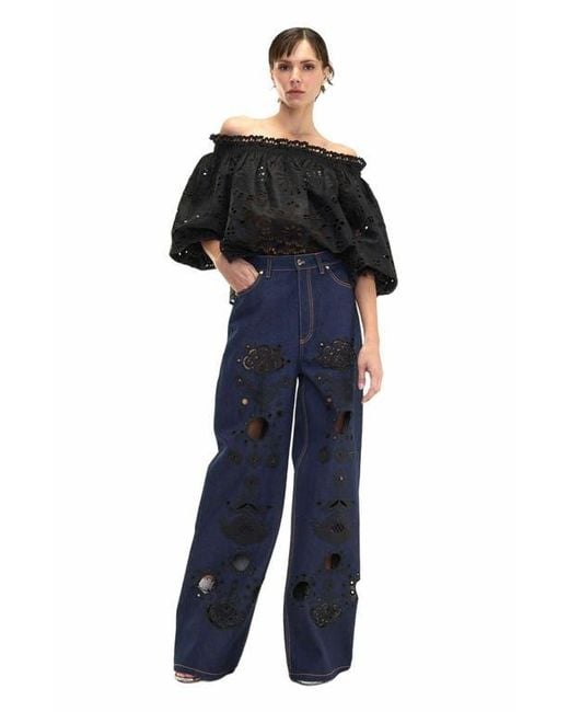 Cynthia Rowley Blue Embroidered Wide-Leg Jean
