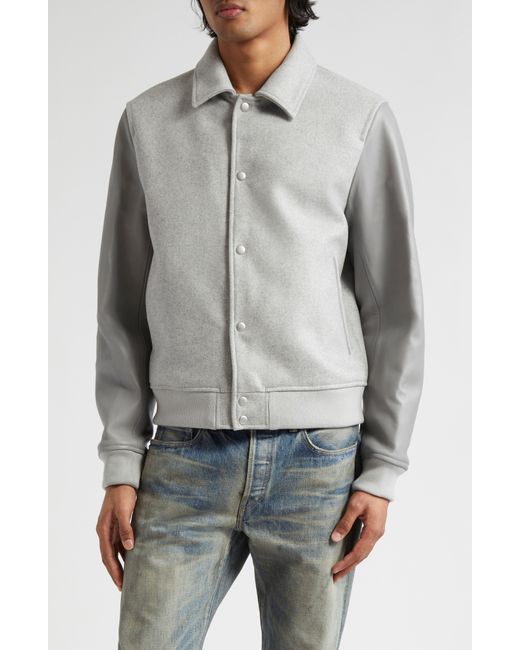 John Elliott Gray Wool Blend & Leather Varsity Jacket for men