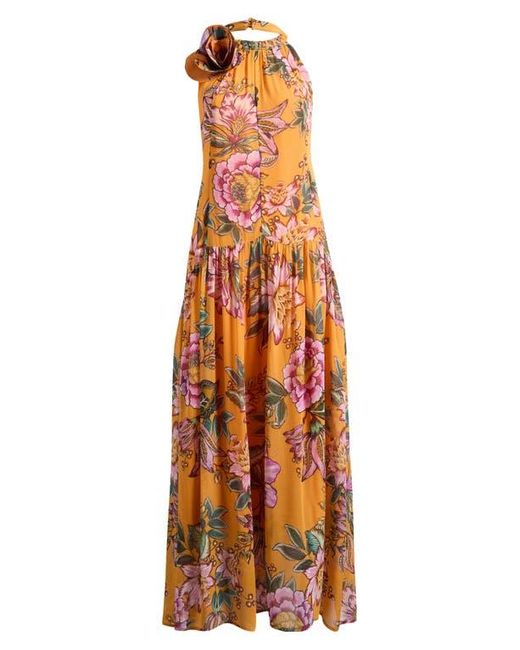 Farm Rio Orange Wonderful Bouquet Halter Maxi Dress