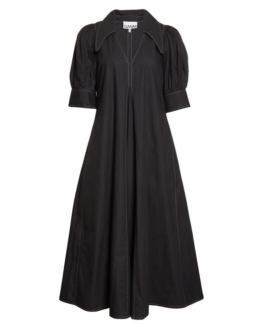 Ganni Black Point Collar Cotton Poplin Maxi Dress