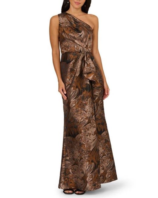 Adrianna Papell Brown One-Shoulder Jacquard Gown