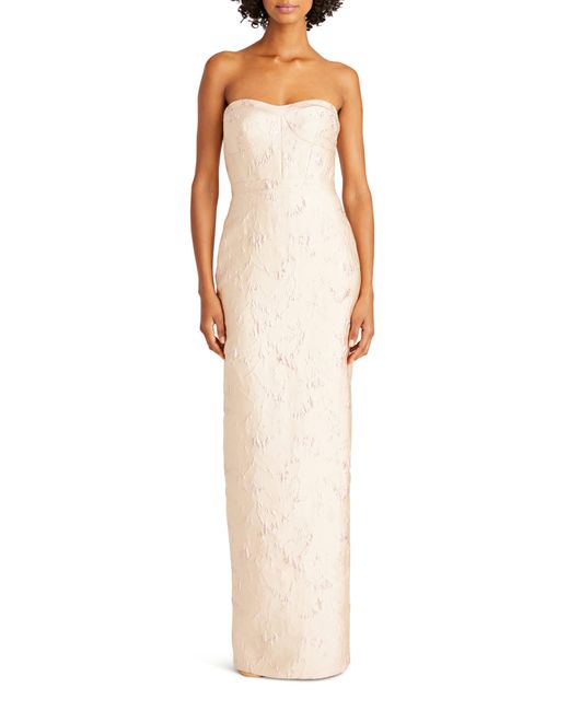 ML Monique Lhuillier White Camellia Strapless Jacquard Column Gown