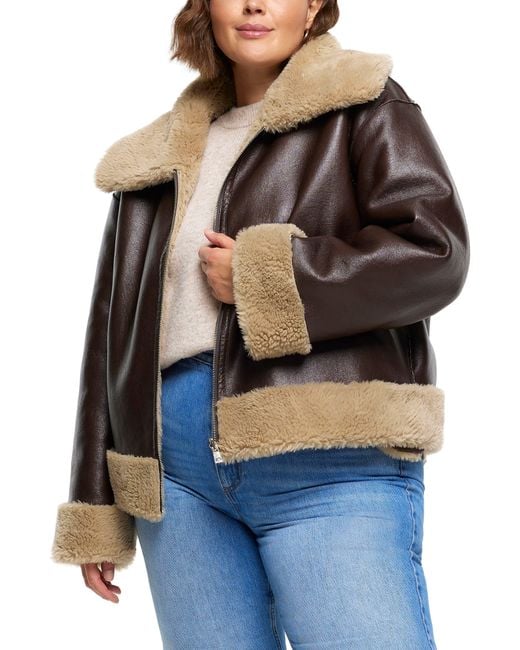 River Island Faux Leather & Faux Shearling Reversible Aviator Jacket in ...