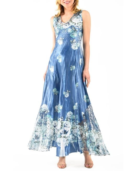 Komarov Blue Floral Lace-up Charmeuse Maxi Dress