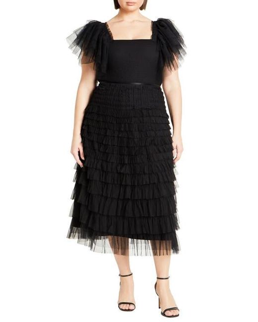 City Chic Black Azariah Shirred Tulle Sleeve Bodysuit