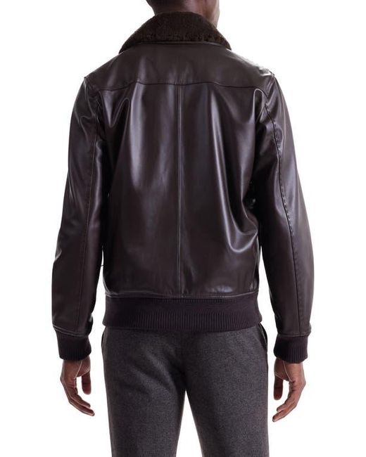 Bugatchi Black Leather Bomber Jacket With Removable Genuine Shearling Collar for men