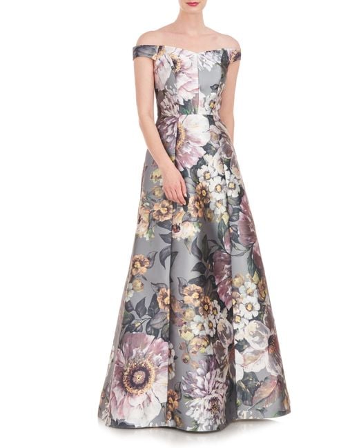 Kay Unger White Garland Floral Print Off The Shoulder Gown