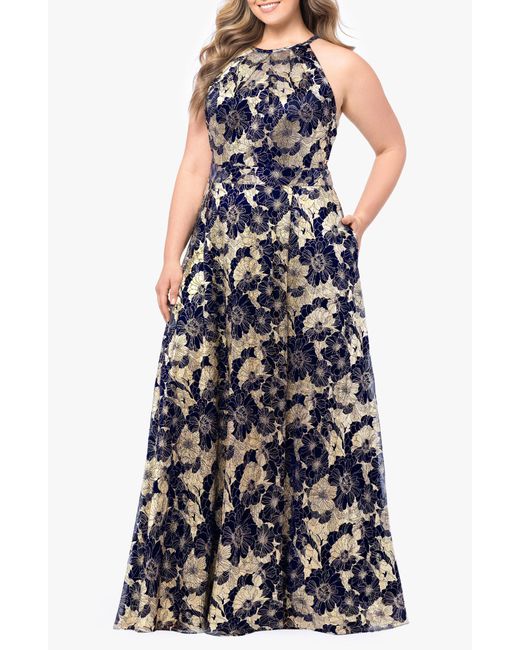 Betsy & Adam Blue Metallic Floral Gown