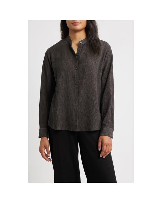Eileen Fisher Black Crinkled Mandarin Collar Button-Up Shirt