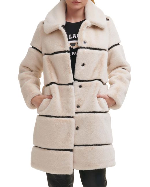 Karl Lagerfeld Natural Faux Leather Trim Faux Fur Coat