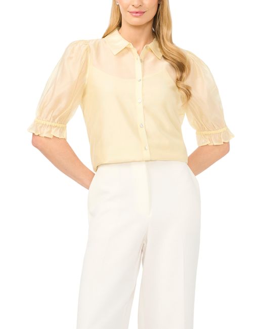 Halogen® White Puff Sleeve Semi Sheer Button-Up Top