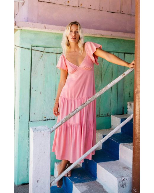 Billabong Last Dress Lyst | Light Pink Midi in Sleeve Flutter