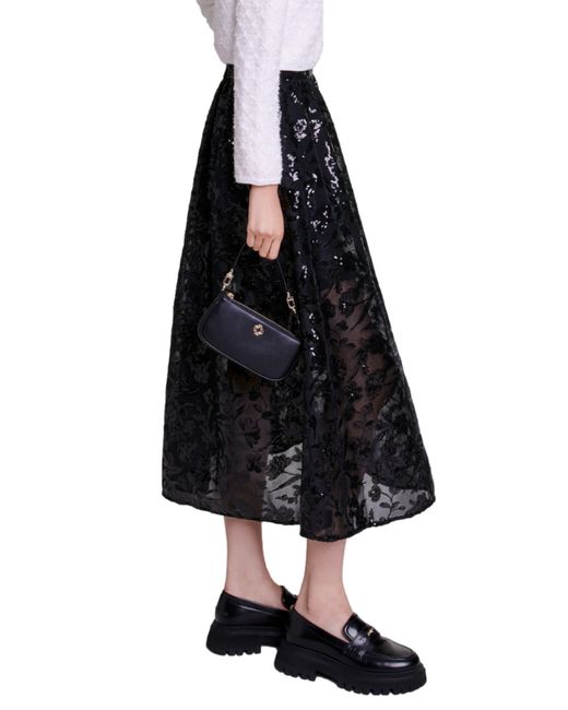 Maje Black Jupon Sequin Mesh Midi Skirt
