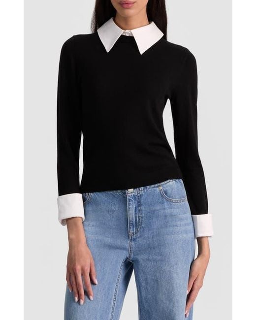 Alice + Olivia Black Porla Collared Wool Blend Mixed Media Sweater
