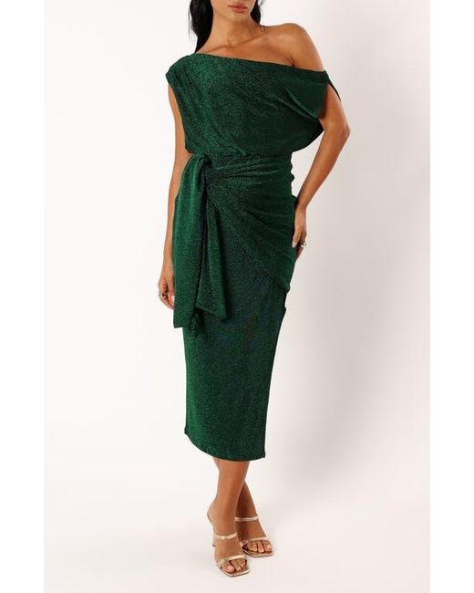 Petal & Pup Green Santiago Metallic Side Tie One-Shoulder Midi Dress