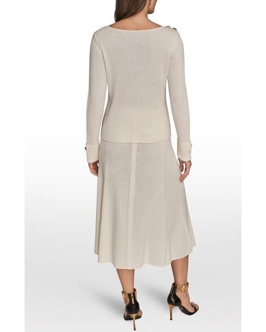 Donna Karan Natural Button Shoulder Boat Neck Rib Sweater