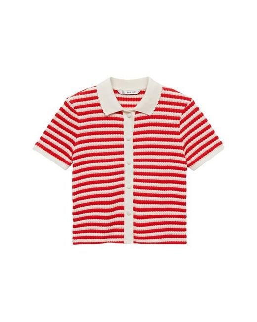 Mango Red Stripe Short Sleeve Knit Button-Up Shirt