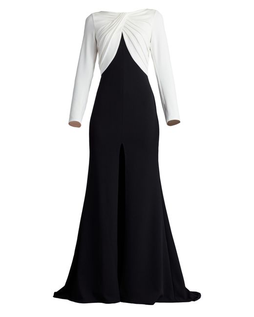 Tadashi Shoji Black Front Twist Long Sleeve Crepe Gown