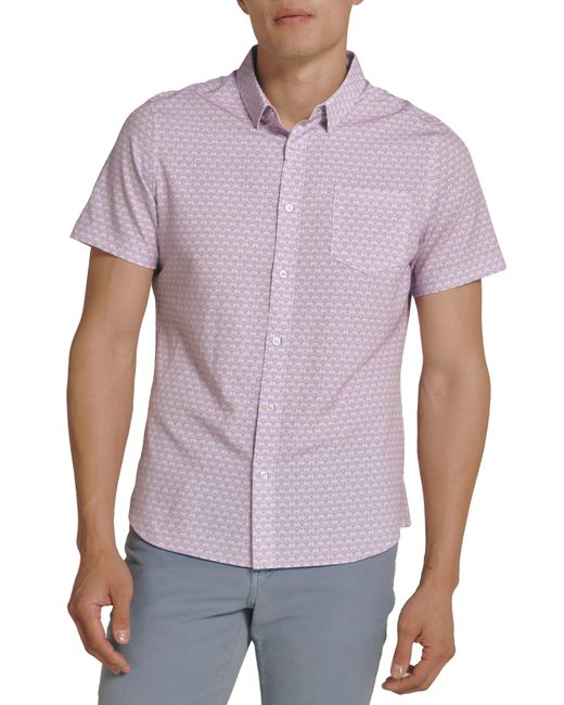 7 Diamonds Purple Layne Geo Print Short Sleeve Performance Button-up Shirt for men