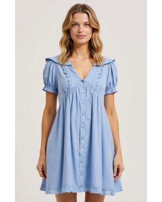 Modenaire Blue Button-Front Puff Sleeve Lace Trim Ruffle Detail Mini Dress
