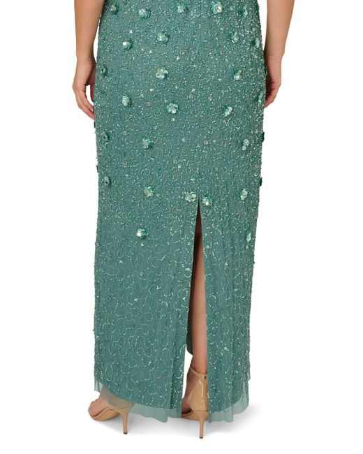 Adrianna Papell Green 3d Floral Beaded Evening Gown