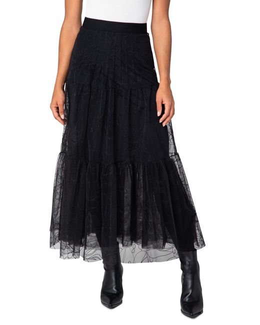 Akris Punto Black Sashiko Embroidered Tulle A-line Midi Skirt