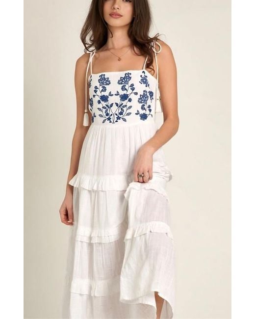 Knit & Lounge White Tiered Maxi Dress With Embroidered Bodice