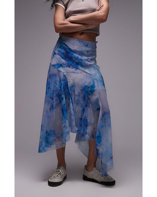 TOPSHOP Blue Floral Asymmetric Chiffon Skirt