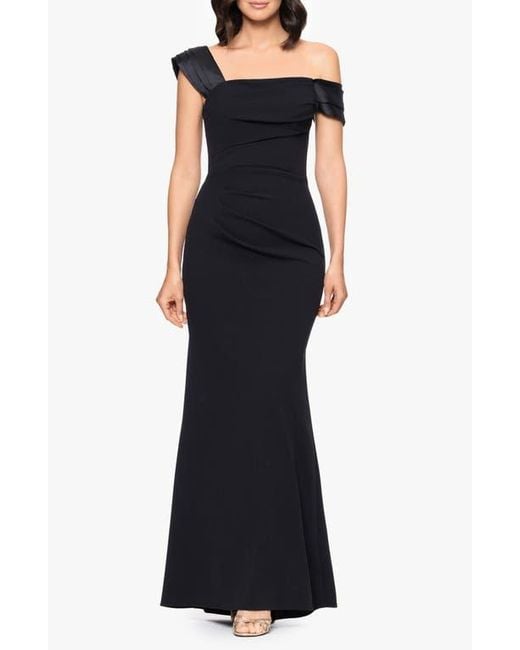 Betsy & Adam Black Ruched Off The Shoulder Scuba Column Gown