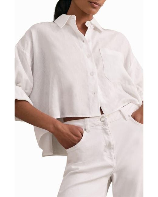 Reiss Women's White Solena Crop High-Low Linen Shirt