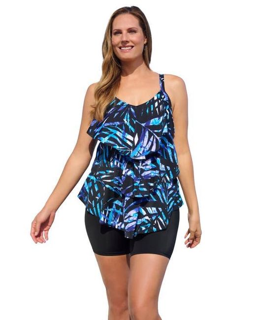 Swim 365 Blue Longer-Length Tiered-Ruffle Tankini Top