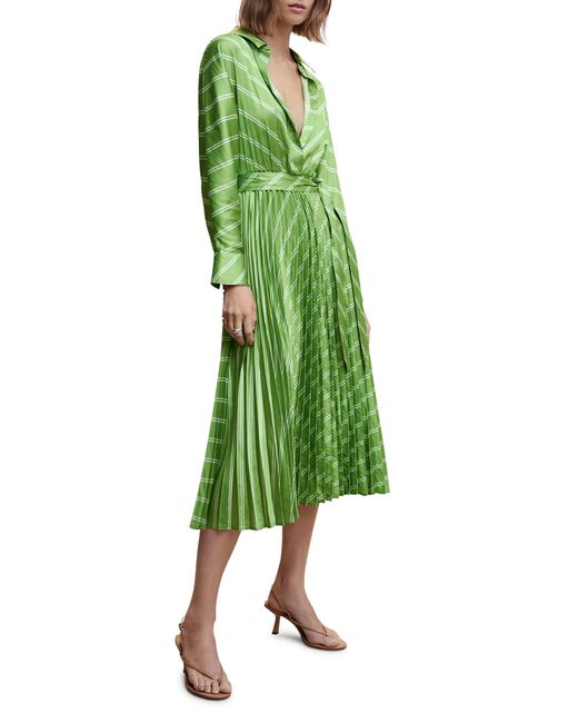 Mango Stripe Pleated Long Sleeve Satin Shirtdress in Green Lyst