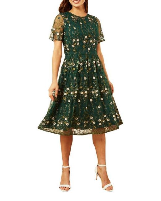Yumi' Green Embroidered Floral Skater Dress