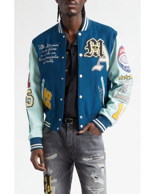 Amiri Blue Varsity Patch Wool Blend & Leather Jacket for men