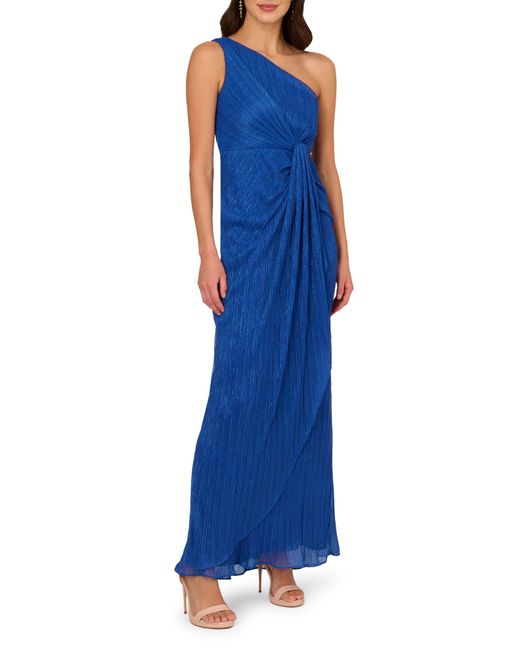 Adrianna Papell Blue One-shoulder Evening Gown