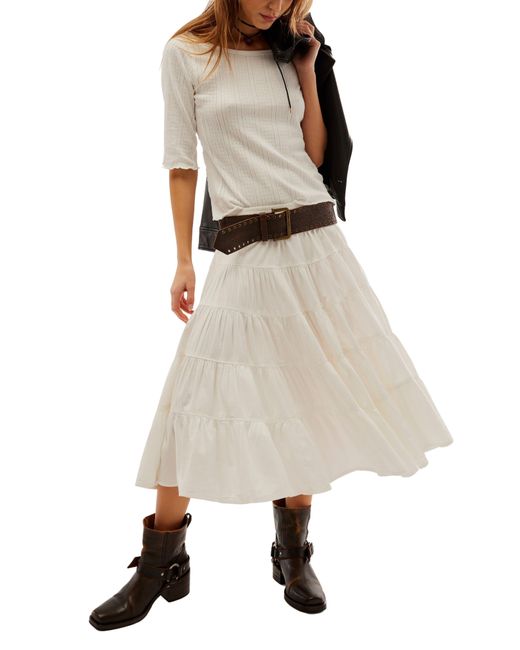 Free People White Full Swing Tiered Cotton Blend Midi Skirt