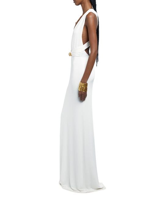 Tom Ford White Plunge Neck Stretch Sable Evening Gown