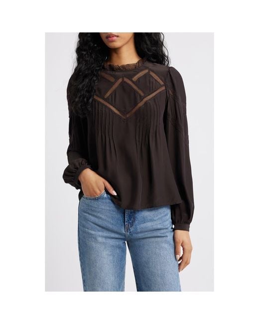 Madewell Black Lace Insert Mock Neck Long Sleeve Top